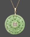 Add sublime style in this intricate piece. A solid jade circle (30 mm) features a carved, scrolling surface in vibrant green hues. Setting and chain crafted from polished 14k gold. Approximate length: 18 inches. Approximate drop: 1-1/4 inches.