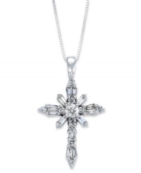 A sparkling symbol of faith. This beautiful cross pendant features round and baguette-cut diamonds (1/2 ct. t.w.) in 14k white gold. Approximate length: 18 inches. Approximate drop: 1-1/16 inches. A sparkling symbol of faith. This beautiful cross pendant features round and baguette-cut diamonds (1/2 ct. t.w.) in 14k white gold. Approximate length: 18 inches. Approximate drop: 1-1/16 inches.