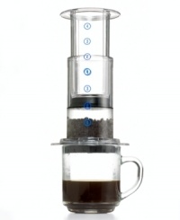 Got a minute? Get a cup of freshly brewed coffee or espresso with the dynamic AeroPress coffeemaker. Coffee yields its rich flavors in seconds when very hot water and finely ground coffee are in the mix. The special filter prevents any grits from getting into your cup and lowers acidity. Makes 1-4 cups of American-style coffee or espresso. Model 80R08. Got a minute? Get a cup of freshly brewed coffee or espresso with the dynamic AeroPress coffeemaker. Coffee yields its rich flavors in seconds when very hot water and finely ground coffee are in the mix. The special filter prevents any grits from getting into your cup and lowers acidity. Makes 1-4 cups of American-style coffee or espresso. Model 80R08.