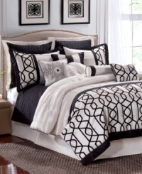Reminiscent of architectural designs, this Sultana comforter set features a chic geometric pattern in a classic black and white color scheme. Coordinating coverlet adds a layer of dimension while a pile of beautiful decorative pillows in matching hues complete the look. Reminiscent of architectural designs, this Sultana comforter set features a chic geometric pattern in a classic black and white color scheme. Coordinating coverlet adds a layer of dimension while a pile of beautiful decorative pillows in matching hues complete the look.
