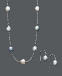 Sheer elegance in a chic, metallic sheen. Fresh by Honora jewelry set features an illusion-style necklace accented by gray multicolored cultured freshwater pearls (7-8 mm) with a matching pair of drop earrings. Crafted in sterling silver. Approximate necklace length: 18 inches. Approximate earring drop: 3/8 inch. Sheer elegance in a chic, metallic sheen. Fresh by Honora jewelry set features an illusion-style necklace accented by gray multicolored cultured freshwater pearls (7-8 mm) with a matching pair of drop earrings. Crafted in sterling silver. Approximate necklace length: 18 inches. Approximate earring drop: 3/8 inch.