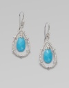 From the Calypso Collection. A shining teardrop with a spiky texture and white sapphire accents frames a faceted drop of vivid turquoise.Turquoise and white sapphireRhodium platedLength, about 2Ear wireImported