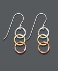 Petite and polished. Three interlocking circles in a triad of metallics create a complementary look in this chic, Studio Silver style. Crafted in sterling silver, 18k gold over sterling silver, and 18k rose gold over sterling silver. Approximate drop: 1-1/4 inches. Petite and polished. Three interlocking circles in a triad of metallics create a complementary look in this chic, Studio Silver style. Crafted in sterling silver, 18k gold over sterling silver, and 18k rose gold over sterling silver. Approximate drop: 1-1/4 inches.