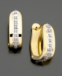 Sparkling diamond accents are set within wide, gleaming hoops of 14k gold. Sparkling diamond accents are set within wide, gleaming hoops of 14k gold.