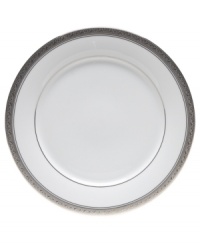 The unparalleled style of Noritake china has been gracefully setting tables for more than ninety years. The dinner plates from the formal Crestwood Platinum dinnerware and dishes collection feature crisp white china embellished with a shimmering border of interlocking scrolled leaves and an edge of polished platinum. The unparalleled style of Noritake china has been gracefully setting tables for more than ninety years. The dinner plates from the formal Crestwood Platinum dinnerware and dishes collection feature crisp white china embellished with a shimmering border of interlocking scrolled leaves and an edge of polished platinum.