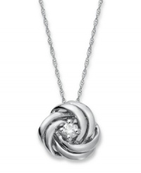 Nestled in the center of knotted, white gold bands sits a precious diamond (1/10 ct. t.w.) as a pure symbol of affection. This Wrapped in Love™ Diamond necklace truly makes a profound statement whenever worn. Setting and chain crafted in 14k white gold. Approximate length: 18 inches. Approximate drop: 1/2 inch. Nestled in the center of knotted, white gold bands sits a precious diamond (1/10 ct. t.w.) as a pure symbol of affection. This Wrapped in Love™ Diamond necklace truly makes a profound statement whenever worn. Setting and chain crafted in 14k white gold. Approximate length: 18 inches. Approximate drop: 1/2 inch.