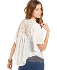 A bohemian-cool crochet-knit back inset brings this batwing sleeve cardigan to life! From Planet Gold. A bohemian-cool crochet-knit back inset brings this batwing sleeve cardigan to life! From Planet Gold.