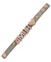 Show your love. BCBGeneration's Amor leather bracelet features rose gold tone mixed metal letters and a snap closure. Approximate length: 8-1/2 inches.
