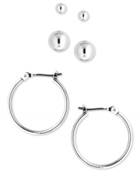 Three sizes fit all. Nine West has you covered with this trio set, crafted from silver tone mixed metal and featuring two stud pairs and a hoop set. Approximate diameter: 1/8 inch, 1/4 inch and 3/4 inch. Three sizes fit all. Nine West has you covered with this trio set, crafted from silver tone mixed metal and featuring two stud pairs and a hoop set. Approximate diameter: 1/8 inch, 1/4 inch and 3/4 inch.