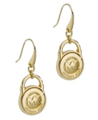 You'll want to put this accessory on lock. Michael Kors' must-have earrings feature the MK logo and a trendy lock shape. Crafted in gold tone mixed metal. Approximate drop: 1-1/4 inches. You'll want to put this accessory on lock. Michael Kors' must-have earrings feature the MK logo and a trendy lock shape. Crafted in gold tone mixed metal. Approximate drop: 1-1/4 inches.