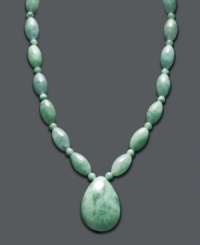 Whisk yourself away to the tropics with cool ocean hues. Crafted out of beautiful jade ovals (9 mm x 15 mm), beads (4 mm), and a teardrop-shaped pendant. 14k gold clasp. Approximate length: 18 inches. Whisk yourself away to the tropics with cool ocean hues. Crafted out of beautiful jade ovals (9 mm x 15 mm), beads (4 mm), and a teardrop-shaped pendant. 14k gold clasp. Approximate length: 18 inches.