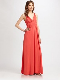 A long, lean silhouette that's at once elegant and easy.V-neckline Twist shoulder straps Elastic waist Low back About 43 from natural waist Cotton; dry clean Made in USA A long, lean silhouette that's at once elegant and easy.V-neckline Twist shoulder straps Elastic waist Low back About 43 from natural waist Cotton; dry clean Made in USA