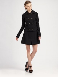 Wool-rich raglan jacket has a double-breasted front, flap pockets and a short silhouette. Point collarLong sleeves with buttoned cuffsDouble-breasted button frontFront flap pocketsAbout 20 from shoulder to hem65% wool/35% viscoseDry cleanImportedModel shown is 5'10 (177cm) wearing US size 4. Wool-rich raglan jacket has a double-breasted front, flap pockets and a short silhouette. Point collarLong sleeves with buttoned cuffsDouble-breasted button frontFront flap pocketsAbout 20 from shoulder to hem65% wool/35% viscoseDry cleanImportedModel shown is 5'10 (177cm) wearing US size 4.