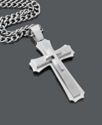 Stay true to your faith and your sense of style. Men's necklace features a large, intricate, multilayer cross set in stainless steel. Approximate length: 24 inches. Approximate drop width: 2 inches. Approximate drop length: 4 inches. Stay true to your faith and your sense of style. Men's necklace features a large, intricate, multilayer cross set in stainless steel. Approximate length: 24 inches. Approximate drop width: 2 inches. Approximate drop length: 4 inches.