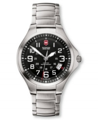 Ready for anything at anytime. This Victorinox Swiss Army watch features a stainless steel bracelet and round case. Black dial with white numerals, date window, logo and luminous hands. Swiss made. Swiss movement. Water resistant to 100 meters. Three-year limited warranty. Ready for anything at anytime. This Victorinox Swiss Army watch features a stainless steel bracelet and round case. Black dial with white numerals, date window, logo and luminous hands. Swiss made. Swiss movement. Water resistant to 100 meters. Three-year limited warranty.