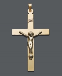 A stately and traditional way to express your faith. Crucifix pendant crafted in smooth, 14k gold. Approximate drop width: 1 inch. Approximate drop length: 1-3/4 inches. A stately and traditional way to express your faith. Crucifix pendant crafted in smooth, 14k gold. Approximate drop width: 1 inch. Approximate drop length: 1-3/4 inches.