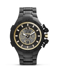 Upgrade your wrist wear with Armani Exchange. Equal parts sporty and sleek, this silicone timepiece flaunts advanced movement, a three-eye chronograph dial, and a hard-wearing design. Upgrade your wrist wear with Armani Exchange. Equal parts sporty and sleek, this silicone timepiece flaunts advanced movement, a three-eye chronograph dial, and a hard-wearing design.
