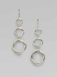 From the Infinity Collection. Graceful, graduated circles, each formed of interwoven strands of smooth and cabled sterling silver, connect to form these elegant drops. Sterling silver Drop, about 2 Ear wire Imported From the Infinity Collection. Graceful, graduated circles, each formed of interwoven strands of smooth and cabled sterling silver, connect to form these elegant drops. Sterling silver Drop, about 2 Ear wire Imported
