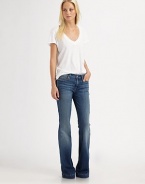 A fitted five-pocket trouser with clean lines and a wide-stitched hem.THE FITFitted through hips and thighsRise, about 9Inseam, about 35THE DETAILSZip flyFive-pocket styleWelt coin pocket98% cotton/2% spandexMachine washMade in USA of imported fabricModel shown is 5'9 (175cm) wearing US size 4.