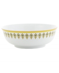 Make a splash with Latika serving bowl from Echo Design and invite the distinct spirit of the 70's to your table setting. Bordered with bands of lemon and mustard yellow, it has a vintage, yet totally modern feel. Mix and match pieces from the collection and create your own eclectic look. Make a splash with Latika serving bowl from Echo Design and invite the distinct spirit of the 70's to your table setting. Bordered with bands of lemon and mustard yellow, it has a vintage, yet totally modern feel. Mix and match pieces from the collection and create your own eclectic look.