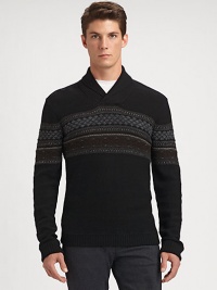 Chest stripe pattern sharpens the relaxed nature of this pullover style, expertly crafted in a rich wool blend, perfect for layering or to be worn alone.Shawl collarRibbed knit cuffs and hem40% wool/30% viscose/20% polyamide/10% cashmereHand washImported of Italian fabrics Chest stripe pattern sharpens the relaxed nature of this pullover style, expertly crafted in a rich wool blend, perfect for layering or to be worn alone.Shawl collarRibbed knit cuffs and hem40% wool/30% viscose/20% polyamide/10% cashmereHand washImported of Italian fabrics