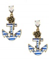 We're all on board with the nautical theme, and these blue pinstripe anchor earrings by Betsey Johnson are no exception! Crafted in brass tone mixed metal, earrings feature blue and white enamel accents and round-cut crystal studs. Approximate drop: 1-3/8 inches.