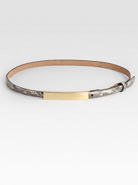 Python-embossed Italian nubuck leather finished off with a fashionable brass buckle.Width, about .625Made in the USA Python-embossed Italian nubuck leather finished off with a fashionable brass buckle.Width, about .625Made in the USA