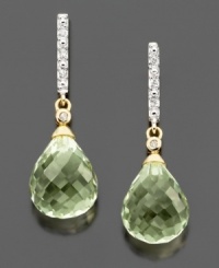 Elevate your style with look-at-me elegance. These gorgeous drop earrings feature briolette-cut green quartz (8-1/5 ct. t.w.) with pretty diamond accents at the top. Set in 14k gold. Approximate drop: 1 inch.