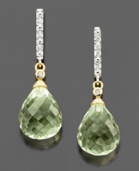 Elevate your style with look-at-me elegance. These gorgeous drop earrings feature briolette-cut green quartz (8-1/5 ct. t.w.) with pretty diamond accents at the top. Set in 14k gold. Approximate drop: 1 inch. Elevate your style with look-at-me elegance. These gorgeous drop earrings feature briolette-cut green quartz (8-1/5 ct. t.w.) with pretty diamond accents at the top. Set in 14k gold. Approximate drop: 1 inch.