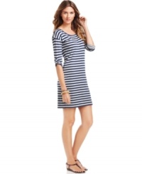Inspired by a breezy tee-shirt, this DKNY Jeans dress features summery stripes for a touch of cool French style. Inspired by a breezy tee-shirt, this DKNY Jeans dress features summery stripes for a touch of cool French style.