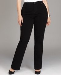 A slimming black wash highlights Style&co.'s straight leg plus size jeans-- snag them at an Everyday Value price! A slimming black wash highlights Style&co.'s straight leg plus size jeans-- snag them at an Everyday Value price!