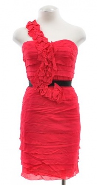 BCBG MaxAzria Azalea Red Bundled Ruffle One Sleeve Tiered Cocktail Dress 0 BCBG MaxAzria Azalea Red Bundled Ruffle One Sleeve Tiered Cocktail Dress 0