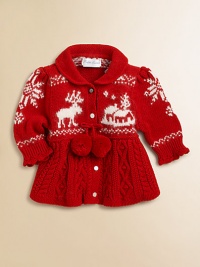 A reindeer-and-winter scene design gives classic seasonal charm to an adorable babydoll cardigan.Shawl collarLong sleevesButton-frontWaistband with pom-pomsCable-knit skirtCottonMachine washImported Please note: Number of buttons may vary depending on size ordered. A reindeer-and-winter scene design gives classic seasonal charm to an adorable babydoll cardigan.Shawl collarLong sleevesButton-frontWaistband with pom-pomsCable-knit skirtCottonMachine washImported Please note: Number of buttons may vary depending on size ordered.