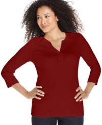 Karen Scott's classic henley top is always in style. At a price you'll like, you can snag one in every color! Karen Scott's classic henley top is always in style. At a price you'll like, you can snag one in every color!