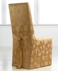 Elegance with an autumnal twist. Featuring a leafy damask pattern in radiant gold, the Dinner Party Bountiful chair cover from Homewear complements harvest tables with seasonal splendor. (Clearance) Elegance with an autumnal twist. Featuring a leafy damask pattern in radiant gold, the Dinner Party Bountiful chair cover from Homewear complements harvest tables with seasonal splendor. (Clearance)
