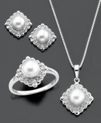 Complete your look with pristine beautiful. Pendant, earrings and ring set featuring cultured freshwater pearl (5.5-7 mm) and diamond accents set in sterling silver. Pendant measures approximately 18 inches with a 3/4-inch drop. Earrings measure approximately 1/4 inch. Ring size 7. Complete your look with pristine beautiful. Pendant, earrings and ring set featuring cultured freshwater pearl (5.5-7 mm) and diamond accents set in sterling silver. Pendant measures approximately 18 inches with a 3/4-inch drop. Earrings measure approximately 1/4 inch. Ring size 7.