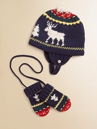A vintage-inspired reindeer design imbues a cozy hat-and-mitten set with classic seasonal style.Hat fastens beneath the chin with adjustable button strapPull-on mittens without thumbs and connecting stringCottonMachine washImported A vintage-inspired reindeer design imbues a cozy hat-and-mitten set with classic seasonal style.Hat fastens beneath the chin with adjustable button strapPull-on mittens without thumbs and connecting stringCottonMachine washImported