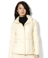Stay cozy in this lightweight down-filled jacket from Lauren Ralph Lauren, styled with a protective stand collar for ideal cool-weather layering. Stay cozy in this lightweight down-filled jacket from Lauren Ralph Lauren, styled with a protective stand collar for ideal cool-weather layering.
