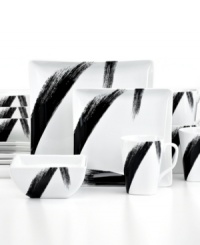Black brushstrokes upon stark white porcelain offer a stunning design in the Bristle dinnerware set from 222 Fifth. Its sleek shapes and smooth finish offers a sophisticated, modern feel to your tablescape. Black brushstrokes upon stark white porcelain offer a stunning design in the Bristle dinnerware set from 222 Fifth. Its sleek shapes and smooth finish offers a sophisticated, modern feel to your tablescape.