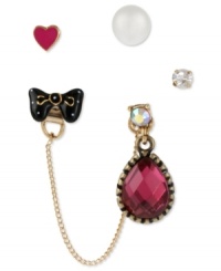 Variety is the spice of life with this stud earrings set from Betsey Johnson. Crafted from gold-tone mixed metal and featuring glass crystal accents, the set features whimsical bow and heart motifs, along with more traditional choices. Approximate drop: 1 inch (teardrop); 1/4 inch (bow); 1/3 inch (pearl); 1/5 inch (heart); 1/5 inch (crystal). Variety is the spice of life with this stud earrings set from Betsey Johnson. Crafted from gold-tone mixed metal and featuring glass crystal accents, the set features whimsical bow and heart motifs, along with more traditional choices. Approximate drop: 1 inch (teardrop); 1/4 inch (bow); 1/3 inch (pearl); 1/5 inch (heart); 1/5 inch (crystal).