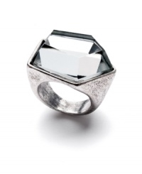 Style for the new millennium. Bar III's modern cocktail ring features an asymmetrical lucite stone set in burnished silver tone mixed metal. Approximate width: 1 inch. Size 7. Style for the new millennium. Bar III's modern cocktail ring features an asymmetrical lucite stone set in burnished silver tone mixed metal. Approximate width: 1 inch. Size 7.