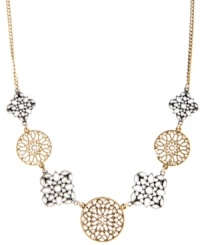 A delicate design. Pretty openwork patterns decorate Lucky Brand's beautiful collar necklace. Crafted in gold and silver tone mixed metal. Approximate length: 18 inches. A delicate design. Pretty openwork patterns decorate Lucky Brand's beautiful collar necklace. Crafted in gold and silver tone mixed metal. Approximate length: 18 inches.