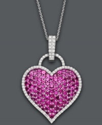 Listen to your heart's desire. This symbolic and stunning pendant features a chic heart lock shape that shimmers with the addition of round-cut rubies (6-1/2 ct. t.w.) and diamonds (1/2 ct. t.w.). Setting and chain crafted in polished 14k white gold. Approximate length: 18 inches. Approximate drop: 3/4 inch. Listen to your heart's desire. This symbolic and stunning pendant features a chic heart lock shape that shimmers with the addition of round-cut rubies (6-1/2 ct. t.w.) and diamonds (1/2 ct. t.w.). Setting and chain crafted in polished 14k white gold. Approximate length: 18 inches. Approximate drop: 3/4 inch.