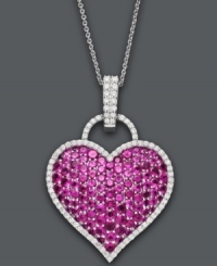 Listen to your heart's desire. This symbolic and stunning pendant features a chic heart lock shape that shimmers with the addition of round-cut rubies (6-1/2 ct. t.w.) and diamonds (1/2 ct. t.w.). Setting and chain crafted in polished 14k white gold. Approximate length: 18 inches. Approximate drop: 3/4 inch.