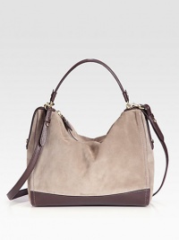 Ultra-soft velour pairs with Italian pebble-grain leather in this slouchy carryall. Leather top handle, 3½ dropAdjustable detachable leather shoulder strap, 21½-22 dropTop zip closureOne inside zip pocketTwo inside open pocketsSignature lining12½W X 10¼H X 4DMade in Italy Ultra-soft velour pairs with Italian pebble-grain leather in this slouchy carryall. Leather top handle, 3½ dropAdjustable detachable leather shoulder strap, 21½-22 dropTop zip closureOne inside zip pocketTwo inside open pocketsSignature lining12½W X 10¼H X 4DMade in Italy