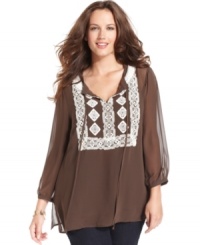 Get chic bohemian style with Charter Club's plus size peasant top, featuring a crochet bib front. Get chic bohemian style with Charter Club's plus size peasant top, featuring a crochet bib front.