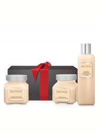 Laura Mercier Crème Brûlée Body & Bath Trio features a Full-Size Crème Body Wash and 6 oz. glass jars of Body Scrub and Soufflé Body Crème in a delicious blend of warm caramel, spun sugar and French vanilla bean for a sensual and enchanting experience. Made in USA. 