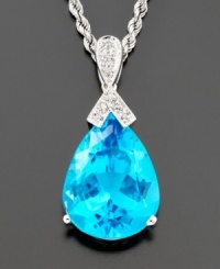 A drop of color adds interest to everything you wear. This pear-shaped pendant glistens with blue topaz (18-3/8 ct. t.w) with diamond accents set in 14k white gold. Drop measures 1 inch. Chain measures 18 inches. A drop of color adds interest to everything you wear. This pear-shaped pendant glistens with blue topaz (18-3/8 ct. t.w) with diamond accents set in 14k white gold. Drop measures 1 inch. Chain measures 18 inches.