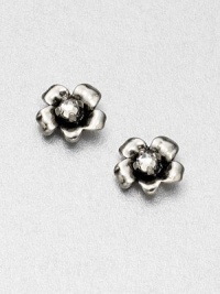 A sparkling stone accents this sweet, floral piece. Glass stonesBrassEpoxySize, about .39Post backImported A sparkling stone accents this sweet, floral piece. Glass stonesBrassEpoxySize, about .39Post backImported