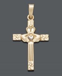 Celebrate your Irish heritage in style. Intricate pendant features a Claddagh cross in 14k gold. Approximate drop width: 1/2 inch. Approximate drop length: 1 inch. Celebrate your Irish heritage in style. Intricate pendant features a Claddagh cross in 14k gold. Approximate drop width: 1/2 inch. Approximate drop length: 1 inch.